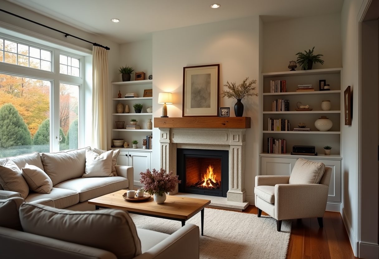 Lit stone fireplace in a bright living room — Woodbridge